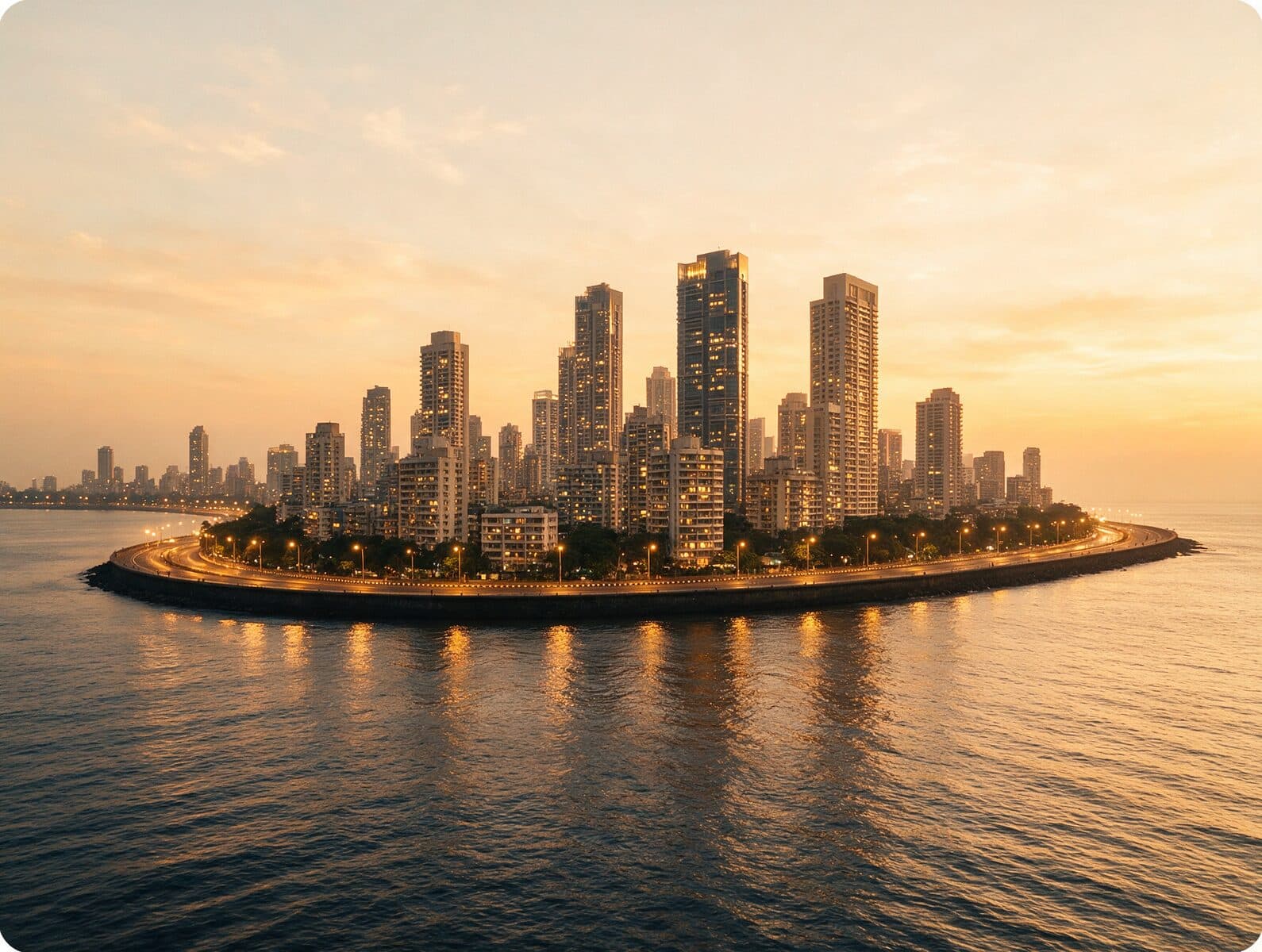 Mumbai skyline and Marine Drive waterfront at golden hour