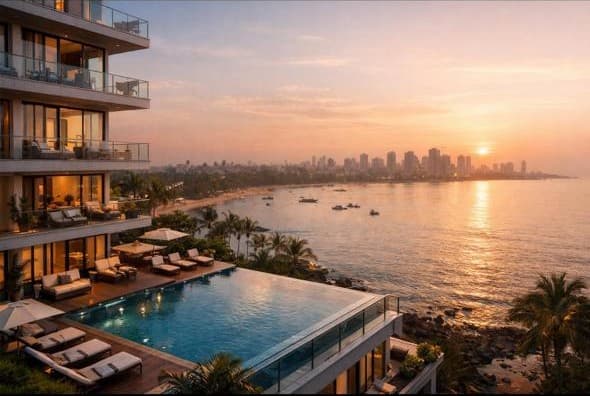 Luxury Mumbai apartment with an infinity pool and sea view at sunset